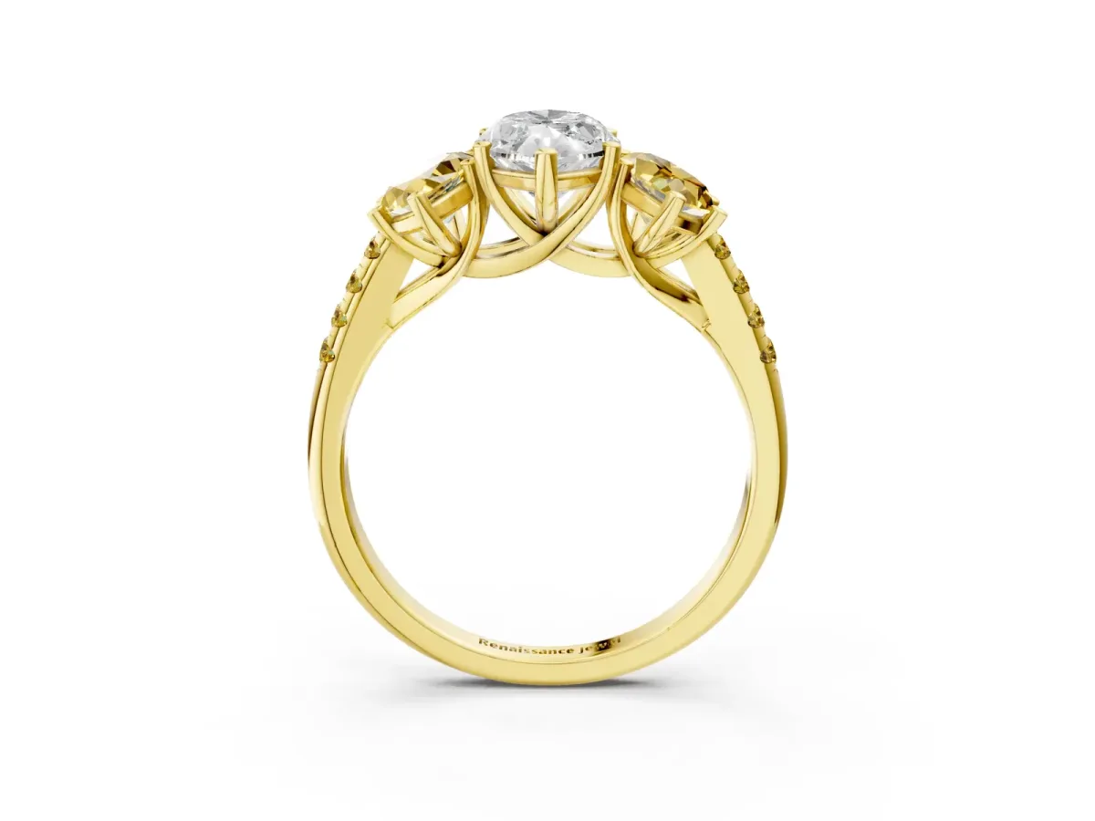 Three-Stone Marquise Cut Diamond Ring with Round Yellow Sapphire Pavé Band and Prong Setting Yellow gold