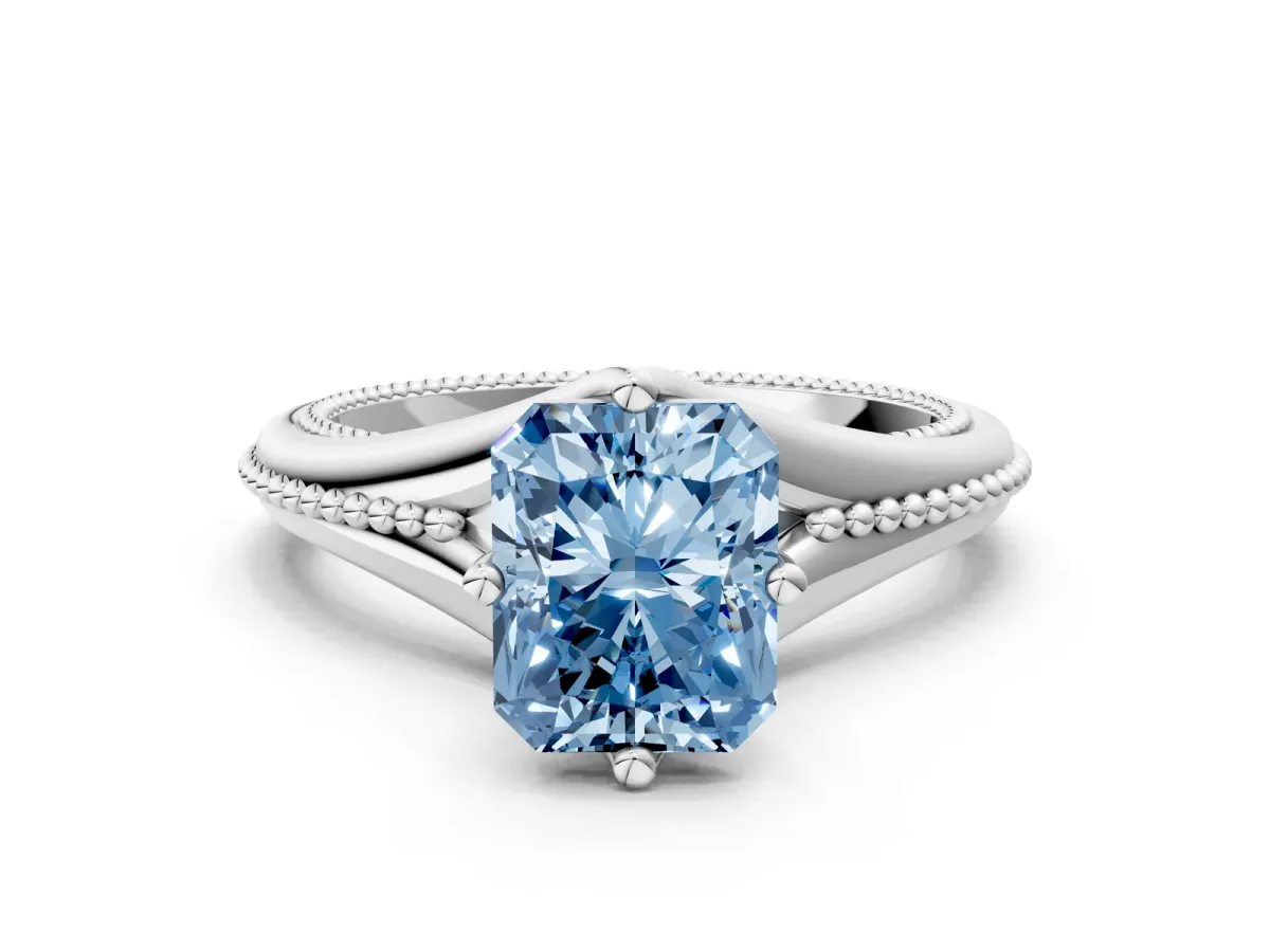 Fancy Blue Radiant Cut Solitaire Beaded Band Six-Prong Setting Platinum