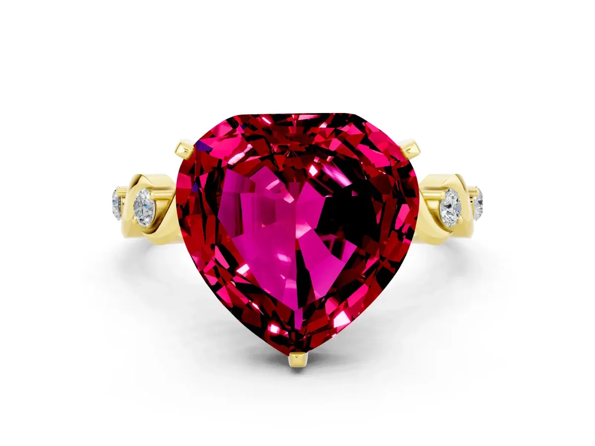 Heart Cut Garnet Solitaire Twisted Band with Round Accents and Prong Setting Yellow gold