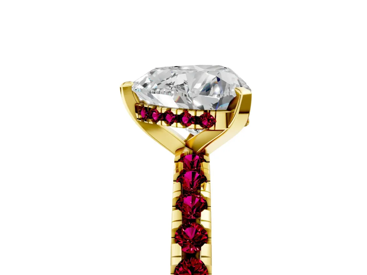 Heart Cut Diamond Solitaire Ring with Round Garnet Pavé Band and Four-Prong Setting Yellow gold