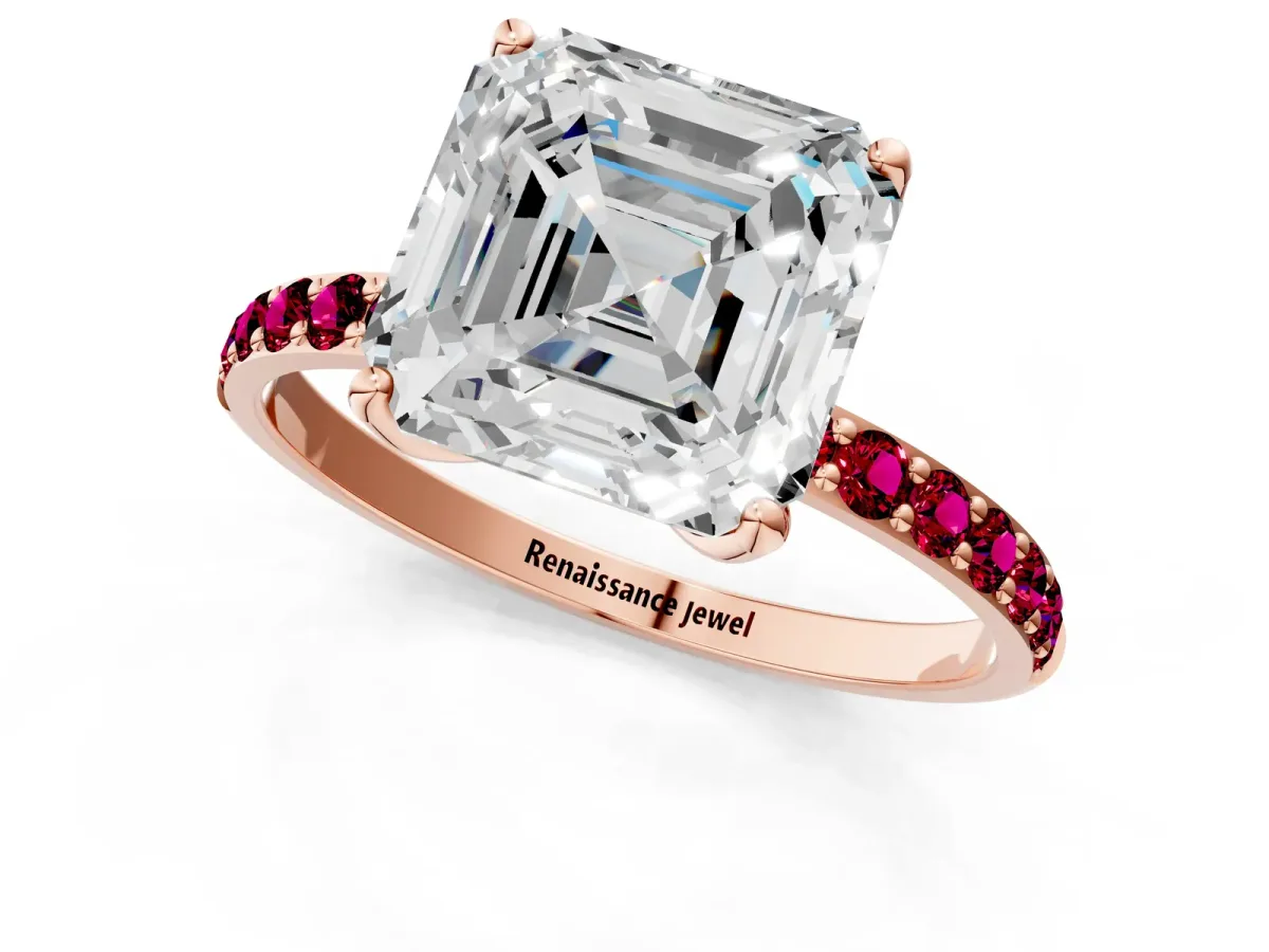Asscher Cut Diamond Solitaire Engagement Ring with Round Garnet Pavé Band and Prong Setting Rose gold