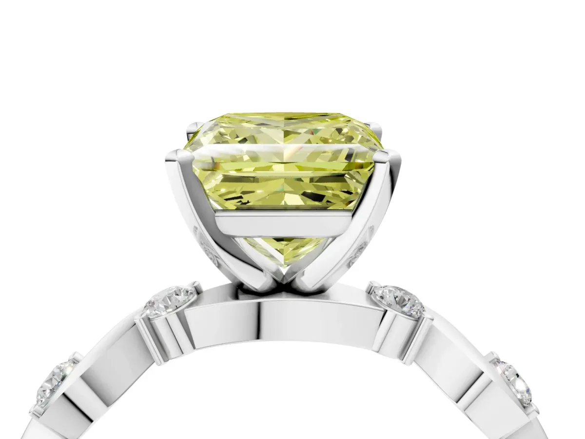 Fancy Yellow Princess Cut Diamond Solitaire Twisted Band with Round Accents and Prong Setting Platinum