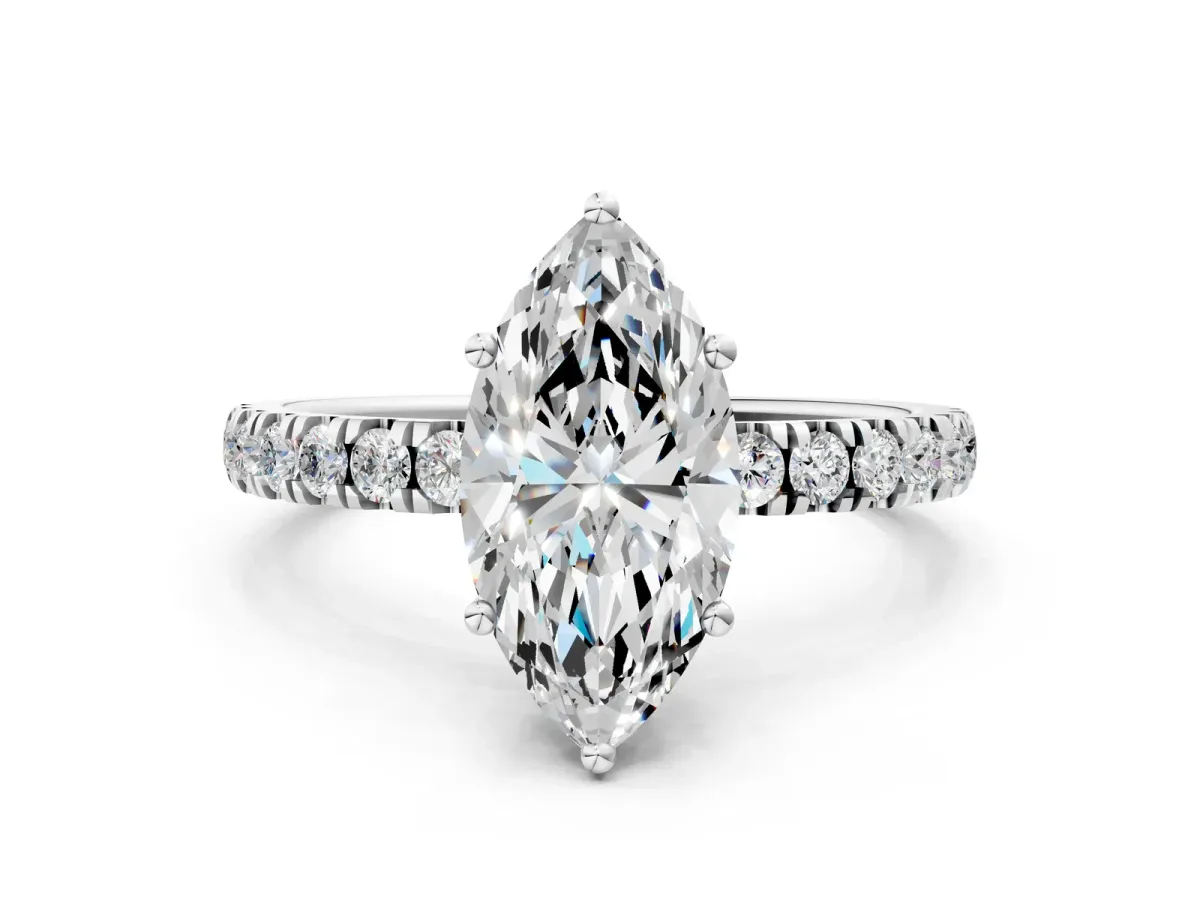 Marquise Cut Diamond Pave Band Solitaire Ring with Round Moissanite and Prong Setting White gold