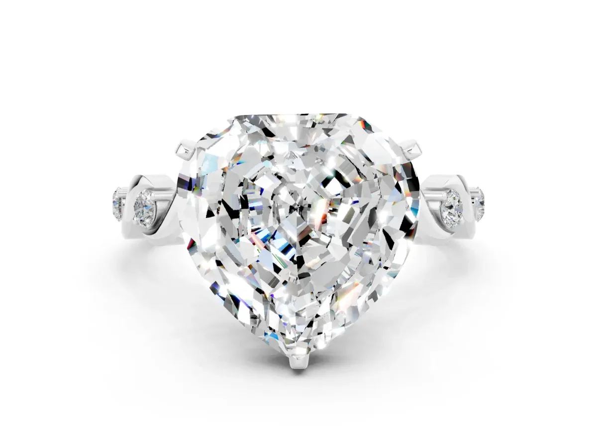 Heart Cut Moissanite Solitaire Twisted Band with Round Accents and Prong Setting White gold