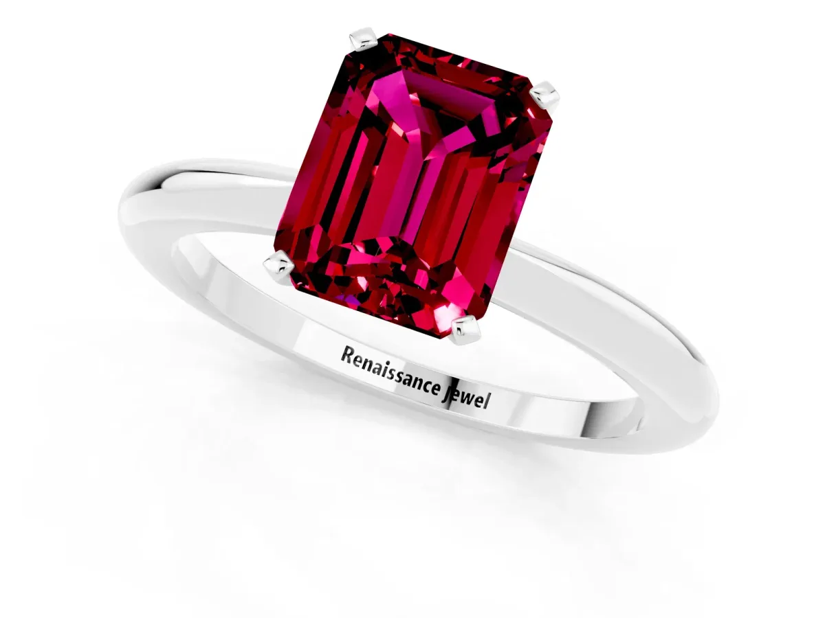 Emerald Cut Garnet Solitaire Ring with Six-Prong Setting and Classic Band Silver