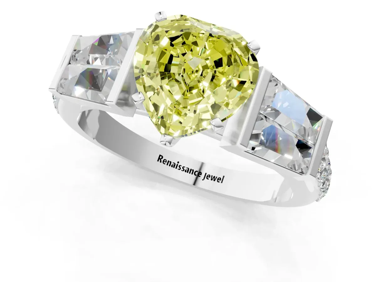 Fancy Yellow Heart Cut Diamond Engagement Ring with Baguette Side Stones and Channel Set Band Platinum