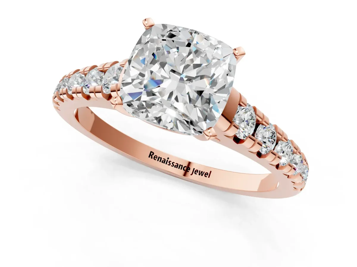 Cushion Cut Diamond Cathedral Solitaire Ring with Round Moissanite Pavé Band Rose gold