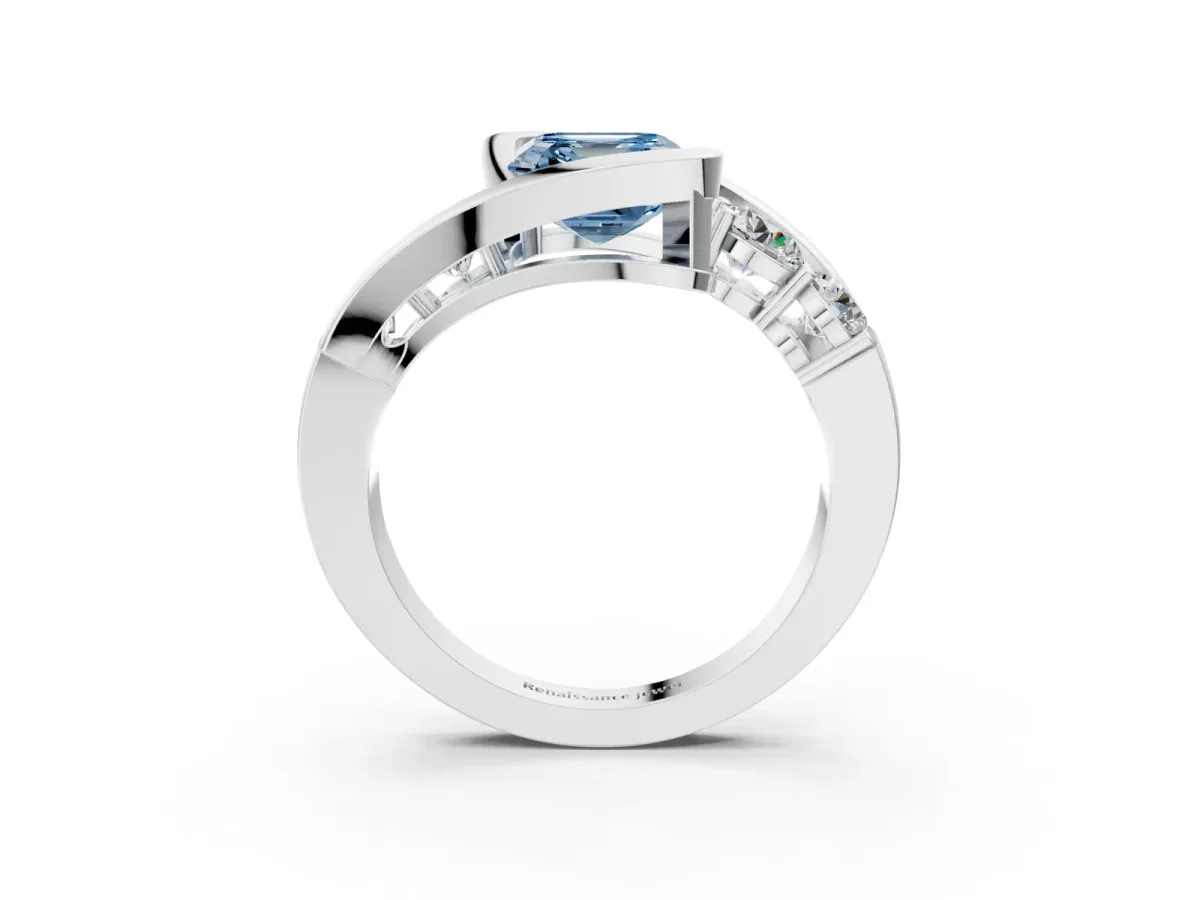 Fancy Blue Bezel Set Asscher Cut Diamond Bypass Ring with Round Accents White gold