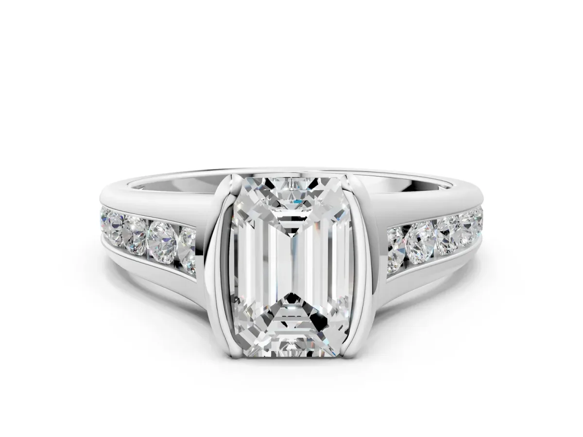 Emerald Cut Solitaire Bezel-Set Diamond Ring with Channel-Set Band Platinum