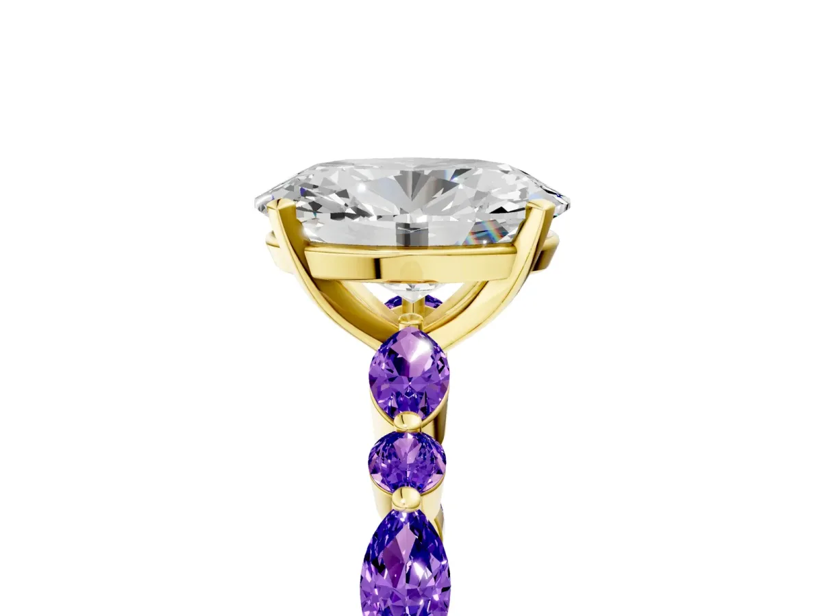 Oval Cut Diamond Ring with Marquise and Round Tanzanite Side Stones and Four-Prong Setting Yellow gold