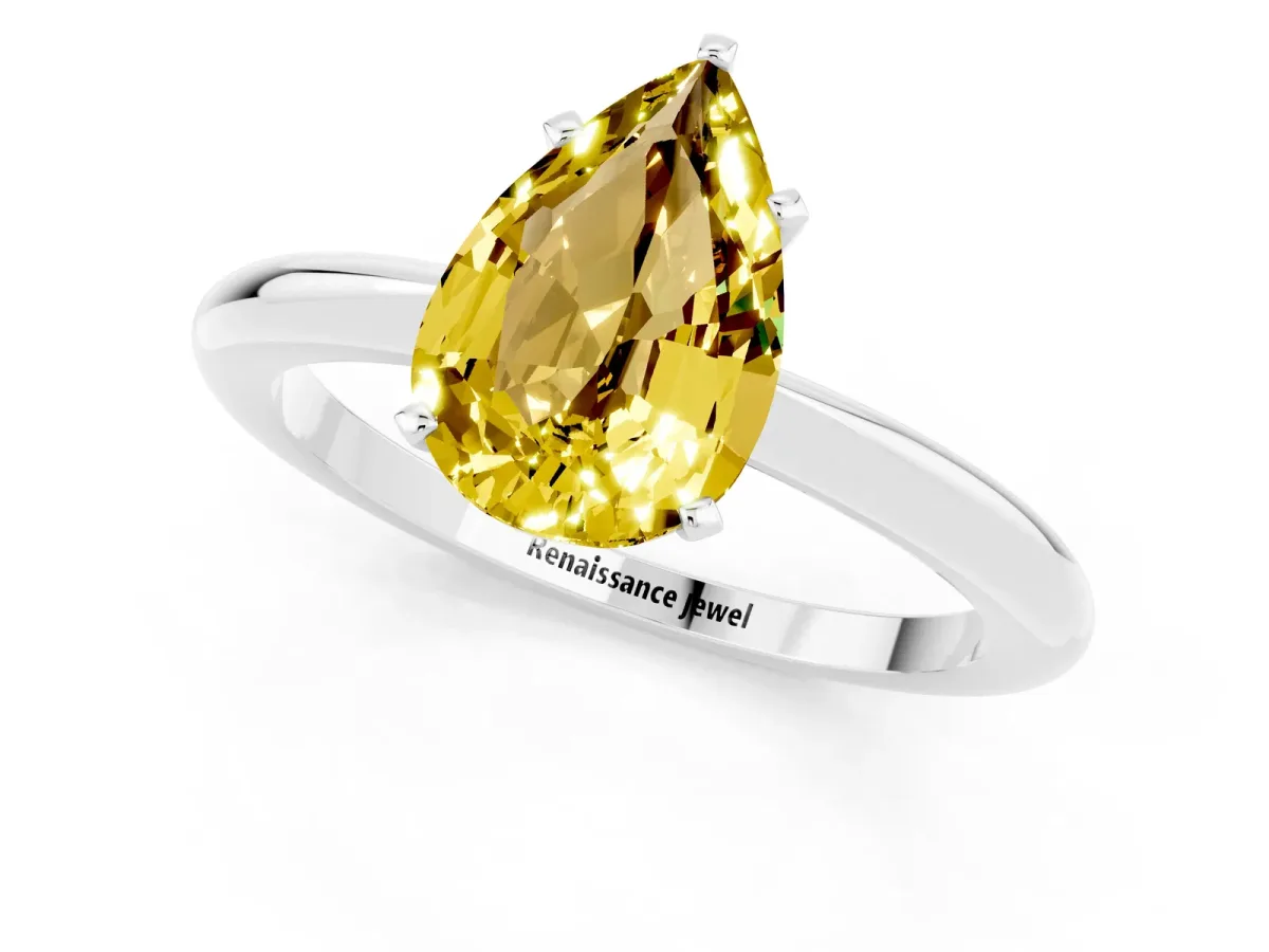 Pear Cut Yellow Sapphire Solitaire Ring with Six-Prong Setting and Classic Band Platinum