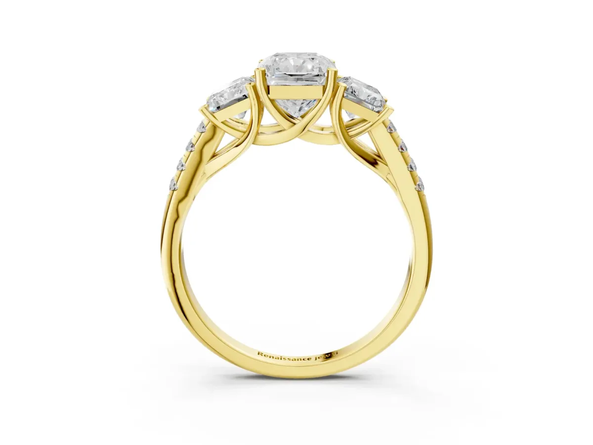 Three-Stone Radiant Cut Diamond Ring with Round Moissanite Pavé Band and Prong Setting Yellow gold