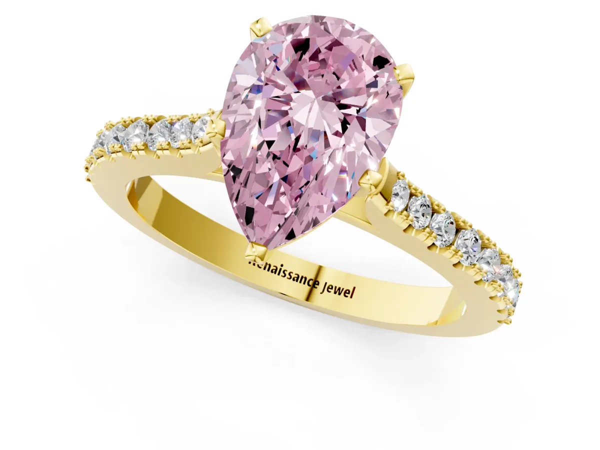 Fancy Pink Pear Cut Cut Solitaire Diamond Engagement Ring with Pave Band and Four-Prong Setting Yellow gold