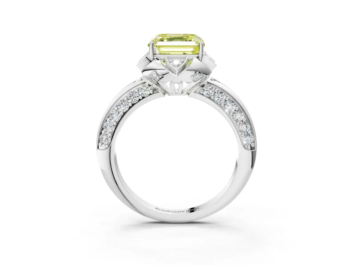 Fancy Yellow Asscher Cut Halo Split Shank Pave Diamond Ring with Petal Prong Setting Platinum