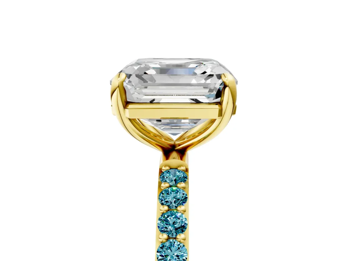 Asscher Cut Diamond Solitaire Ring with Round Blue Topaz Pavé Band and Prong Setting Yellow gold