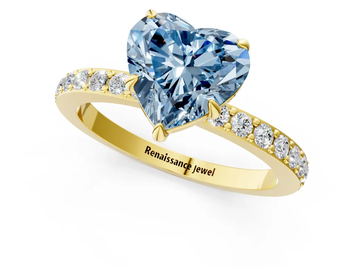 Fancy Blue Heart Cut Diamond Solitaire Engagement Ring with Pavé Band and Four-Prong Setting Yellow gold