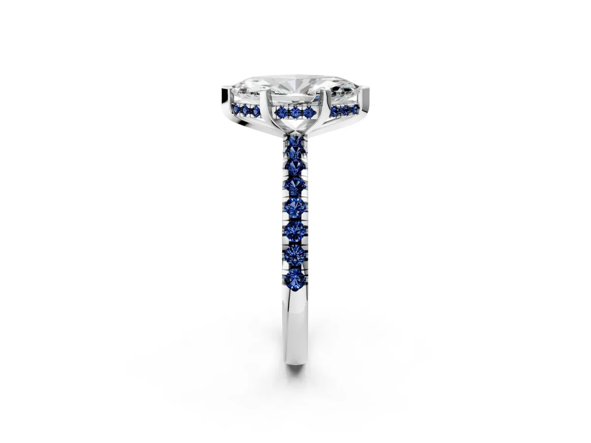 Marquise Cut Diamond Solitaire Ring with Round Blue Sapphire Pavé Band and Four-Prong Setting White gold