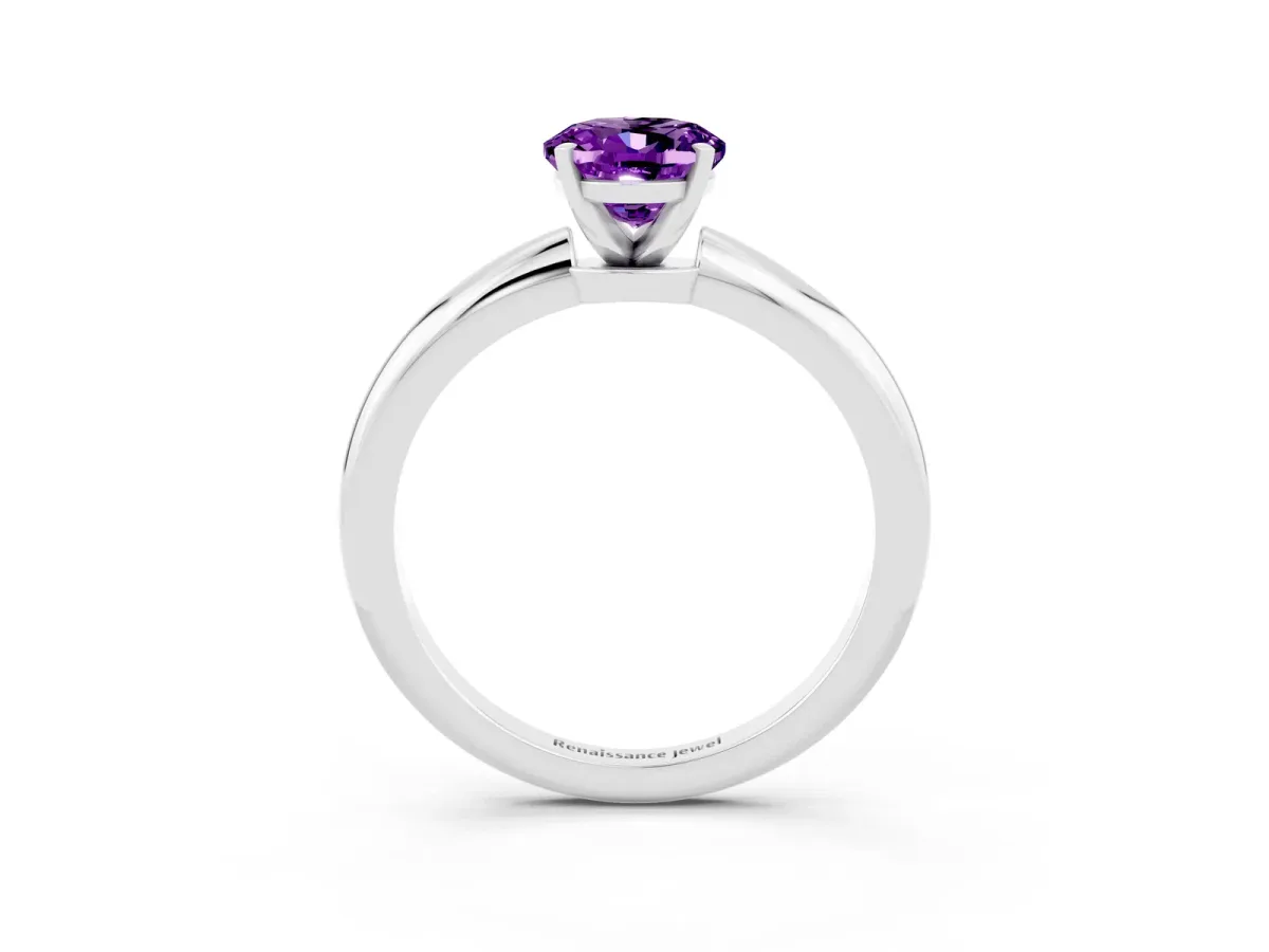 Oval Cut Amethyst Solitaire Ring with Six-Prong Setting and Classic Band Platinum