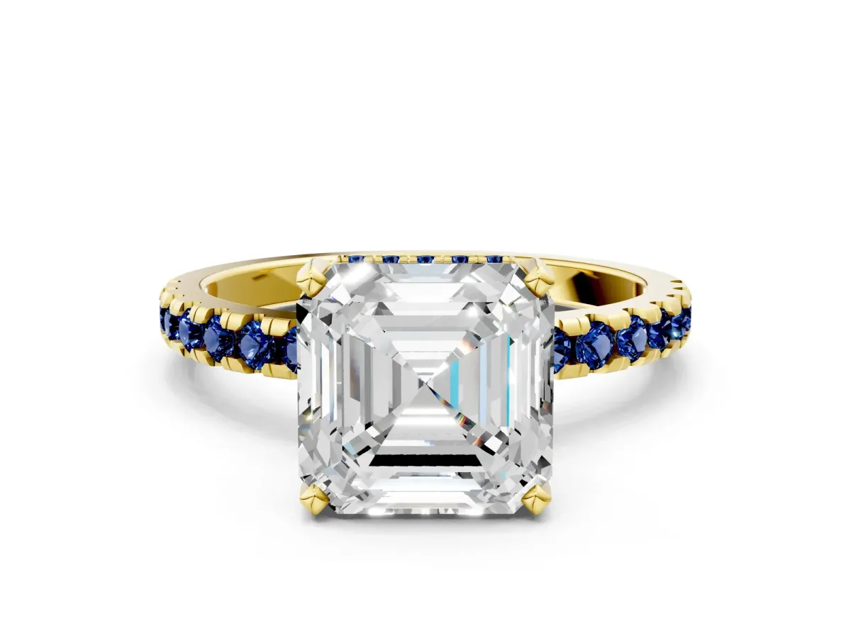 Asscher Cut Diamond Solitaire Ring with Round Blue Sapphire Pavé Band and Four-Prong Setting Yellow gold