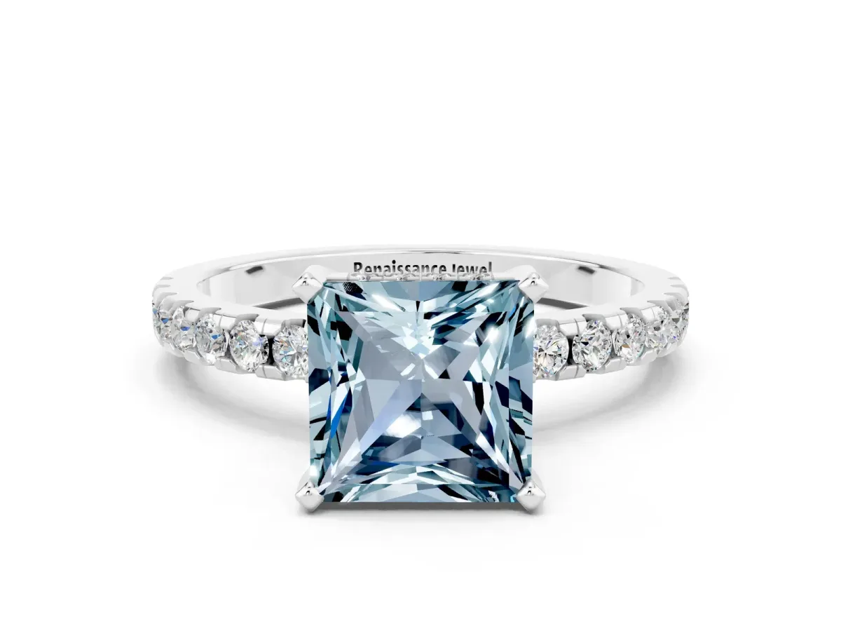 Princess Cut Aquamarine Solitaire Ring with Round Pavé Band and Four-Prong Setting White gold