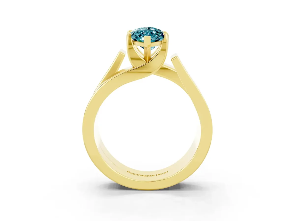 Modern Tension Set Marquise Cut Blue Topaz Solitaire Wide Band Ring Yellow gold