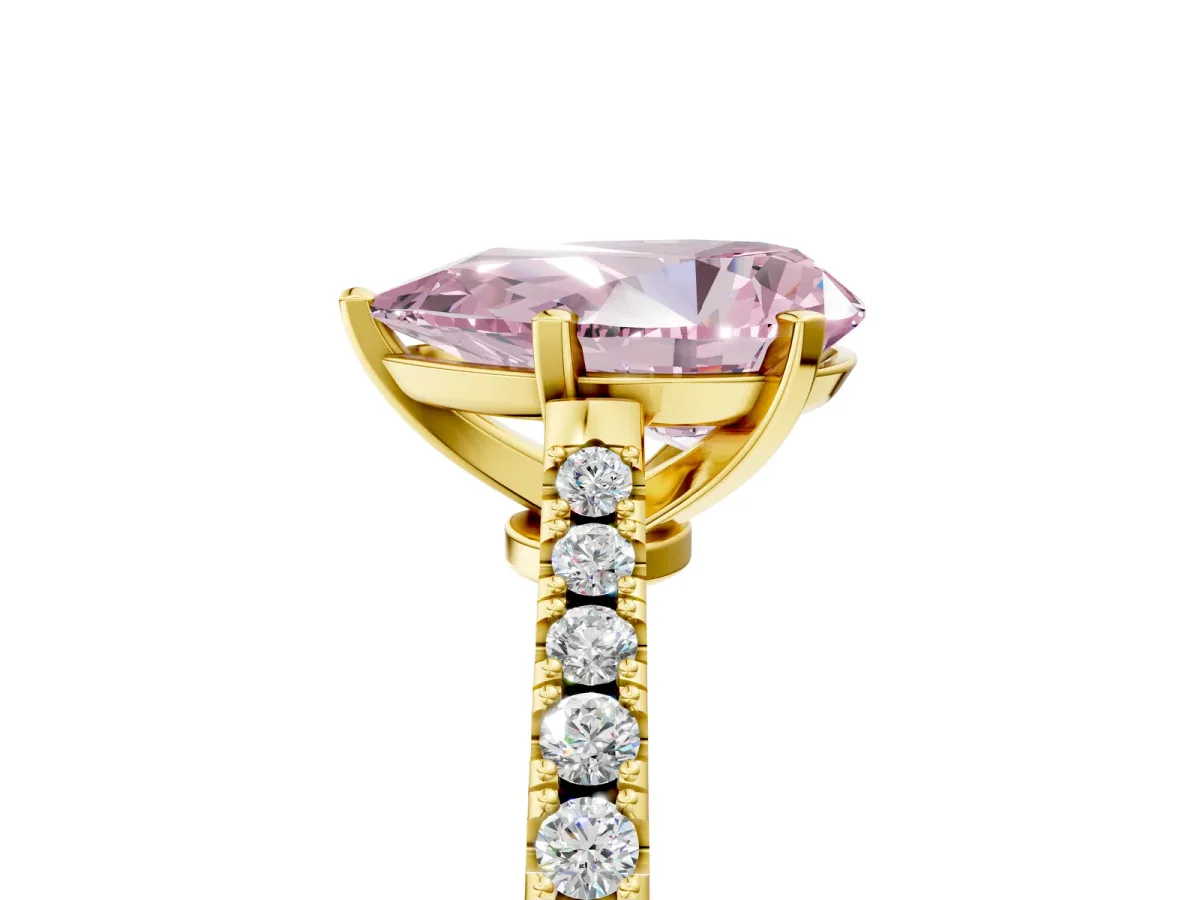 Fancy Pink Pear Cut Cut Solitaire Diamond Engagement Ring with Pave Band and Four-Prong Setting Yellow gold