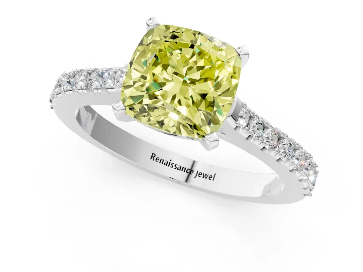 Fancy Yellow Cushion Cut Cut Solitaire Diamond Engagement Ring with Pave Band and Four-Prong Setting White gold