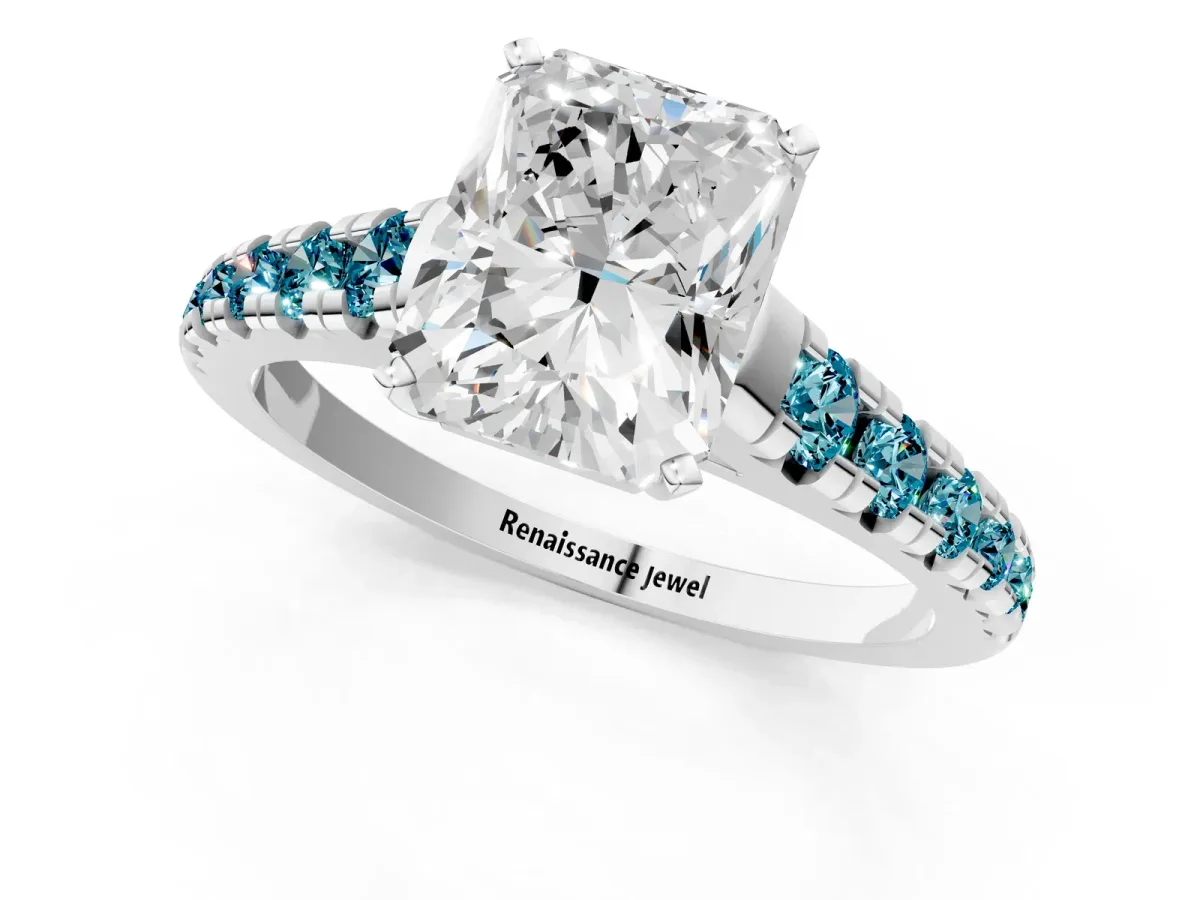 Radiant Cut Diamond Cathedral Solitaire Ring with Round Blue Topaz Pavé Band White gold