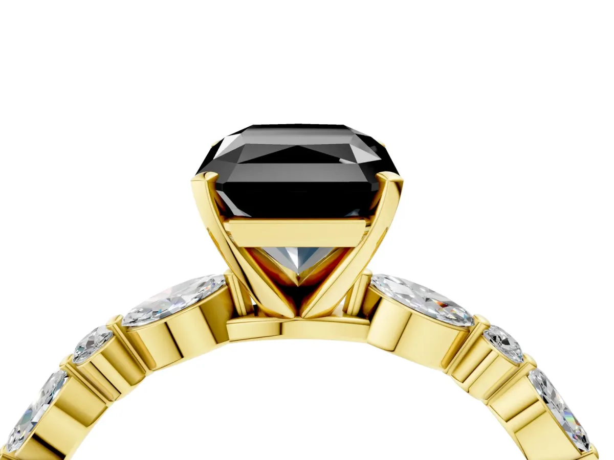 Fancy Black Radiant Cut Diamond Ring with Marquise and Round Side Stones and Four-Prong Setting Yellow gold