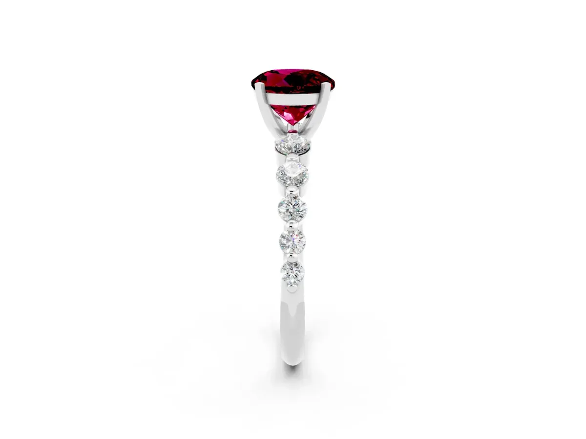 Round Cut Solitaire Garnet Ring with Pave Band and Four-Prong Setting Platinum