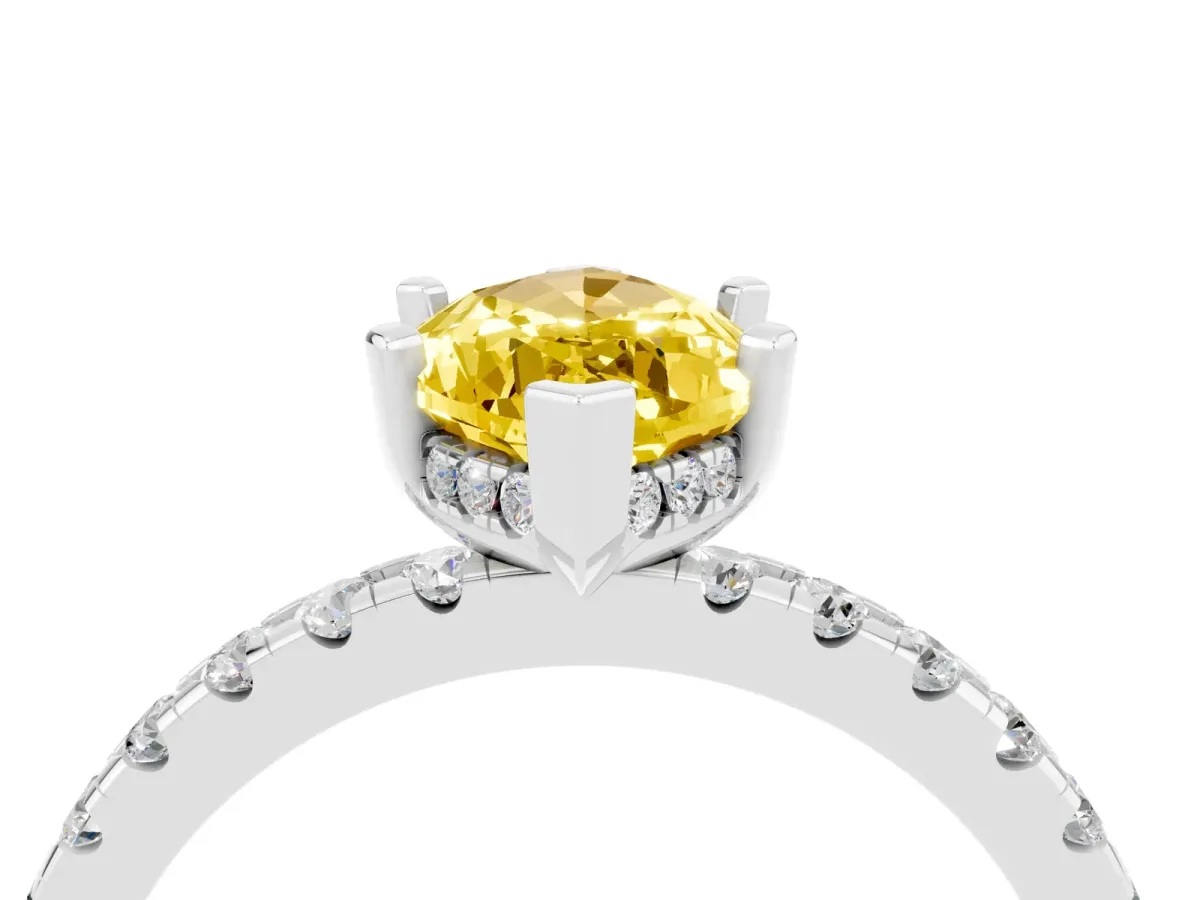 Marquise Cut Yellow Sapphire Solitaire Ring with Round Pavé Band and Four-Prong Setting White gold