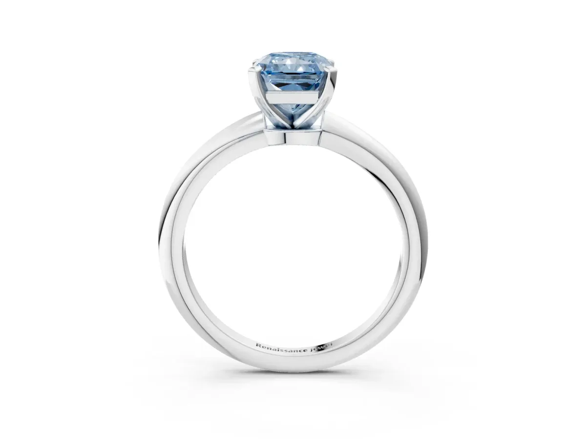 Fancy Blue Radiant Cut Diamond Solitaire Ring with Six-Prong Setting and Classic Band Silver