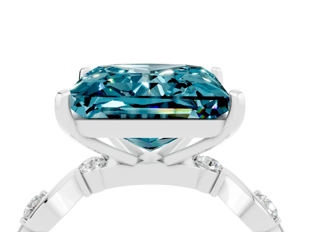 Princess Cut Blue Topaz Solitaire Twisted Band with Round Accents and Prong Setting White gold