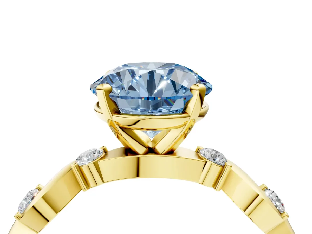 Fancy Blue Round Cut Diamond Solitaire Twisted Band with Round Accents and Prong Setting Yellow gold