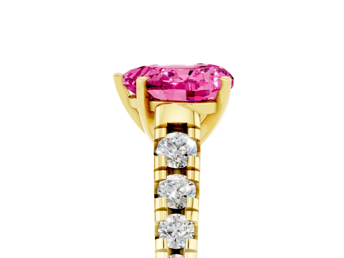 Heart Cut Pink Sapphire Cathedral Solitaire Ring with Round Pavé Band Yellow gold