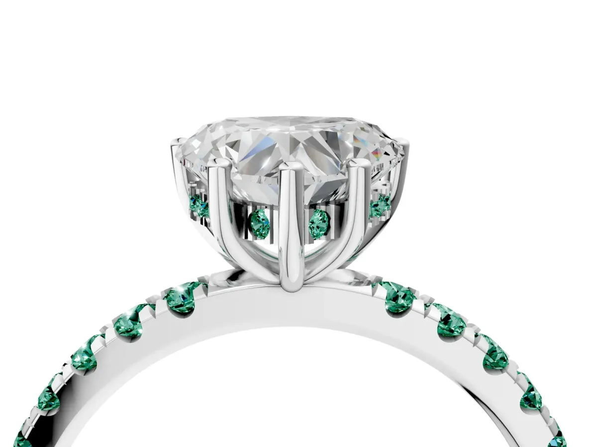Heart Cut Diamond Pave Band Solitaire Ring with Round Green Sapphire and Prong Setting White gold