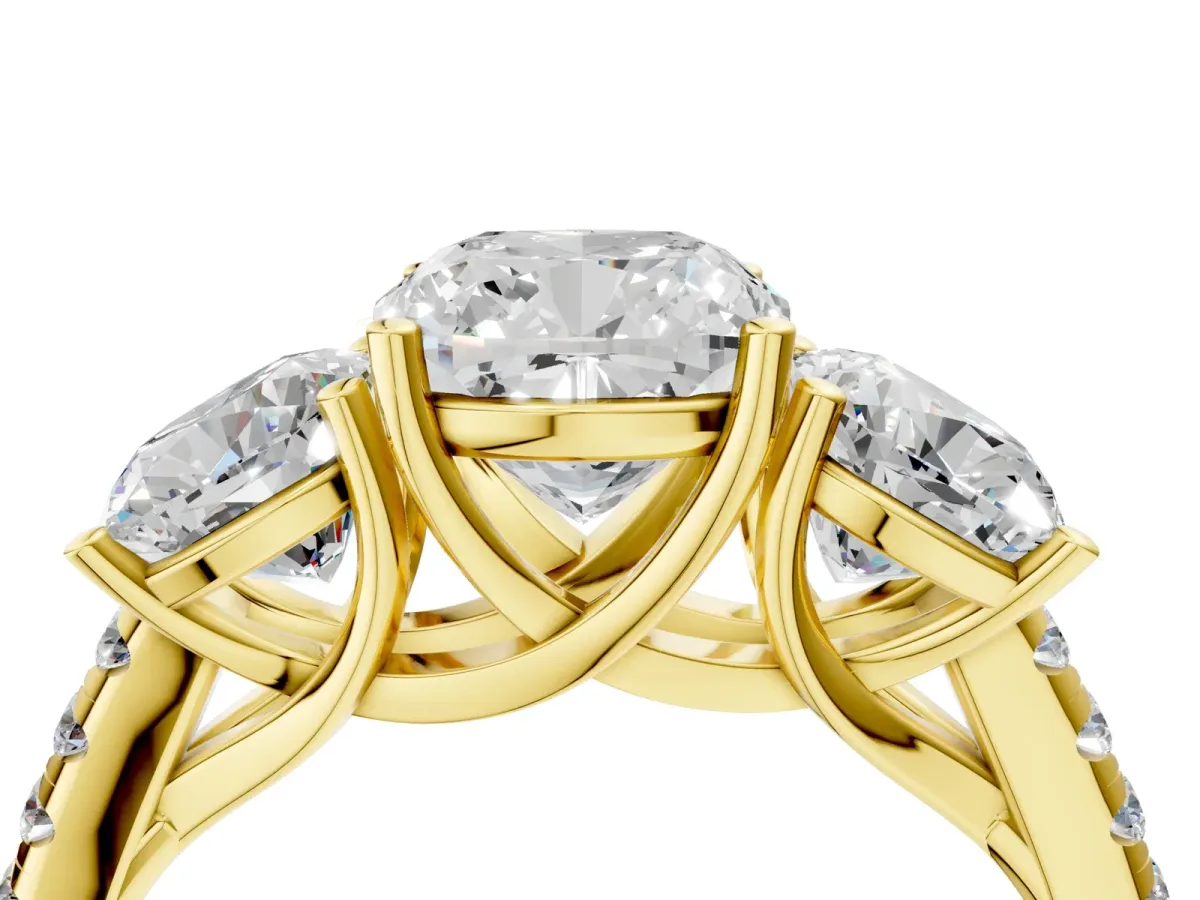 Fancy Green Three-Stone Cushion Cut Diamond Ring with Round Pavé Band and Prong Setting Yellow gold