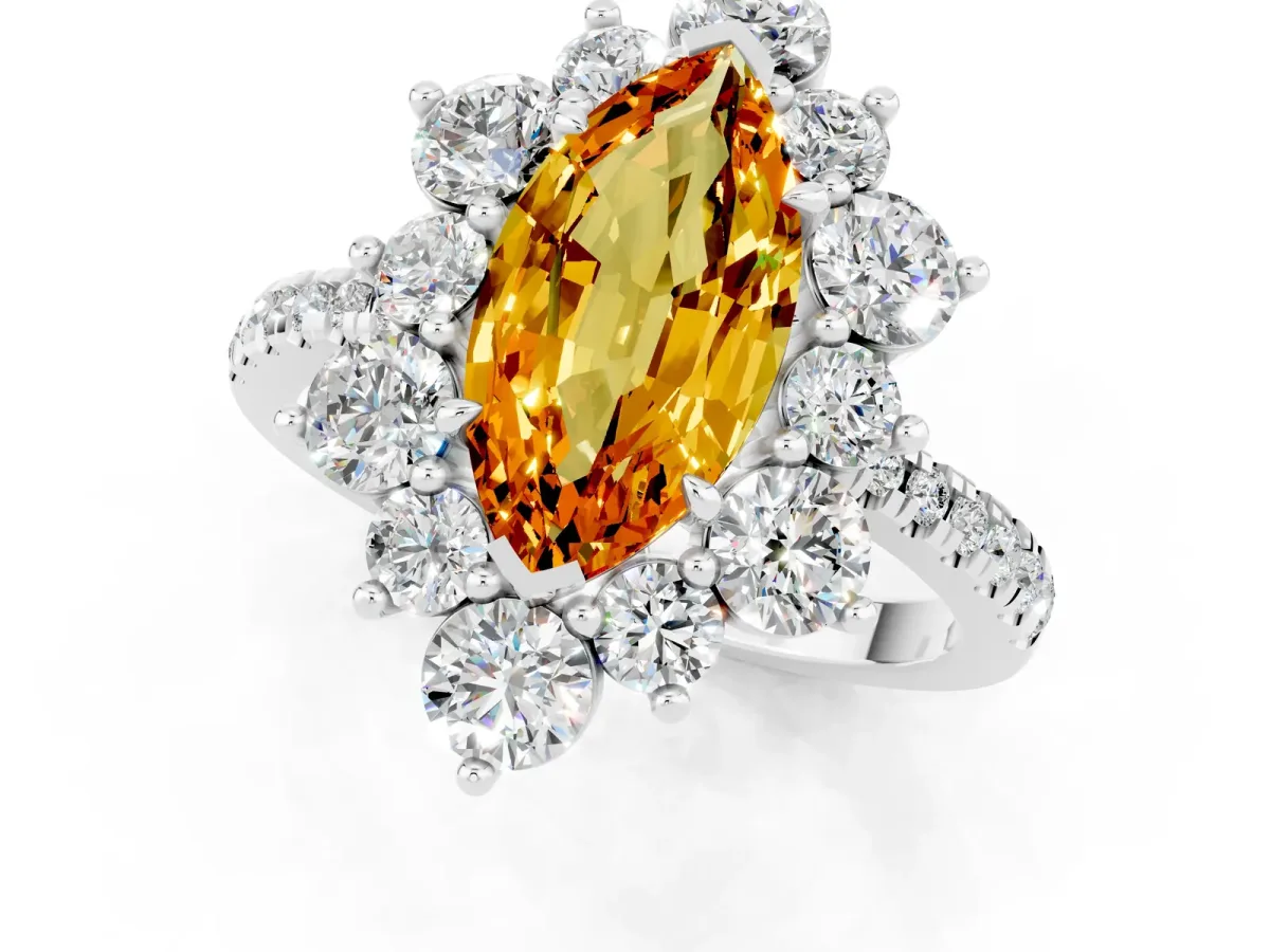 Marquise Cut Citrine Floral Halo Ring with Round Pavé Band and Prong Setting Platinum
