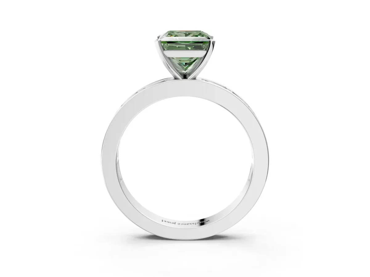Fancy Green Princess Cut Solitaire Diamond Ring with Channel-Set Baguette Band and Four-Prong Setting White gold