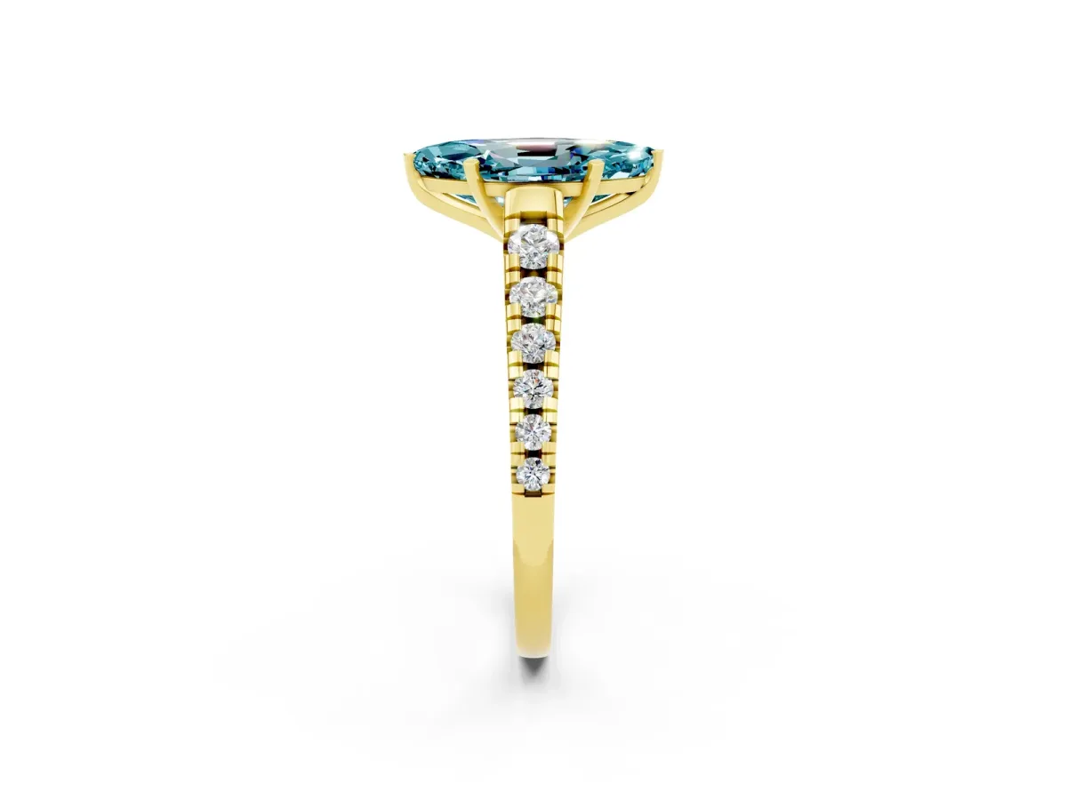 Marquise Cut Blue Topaz Cathedral Solitaire Ring with Round Pavé Band Yellow gold