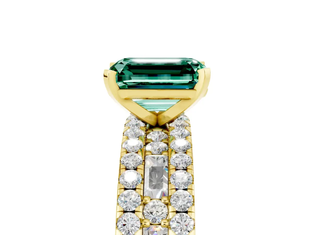 Emerald Cut Green Sapphire Solitaire Ring with Pavé and Channel Set Band Yellow gold