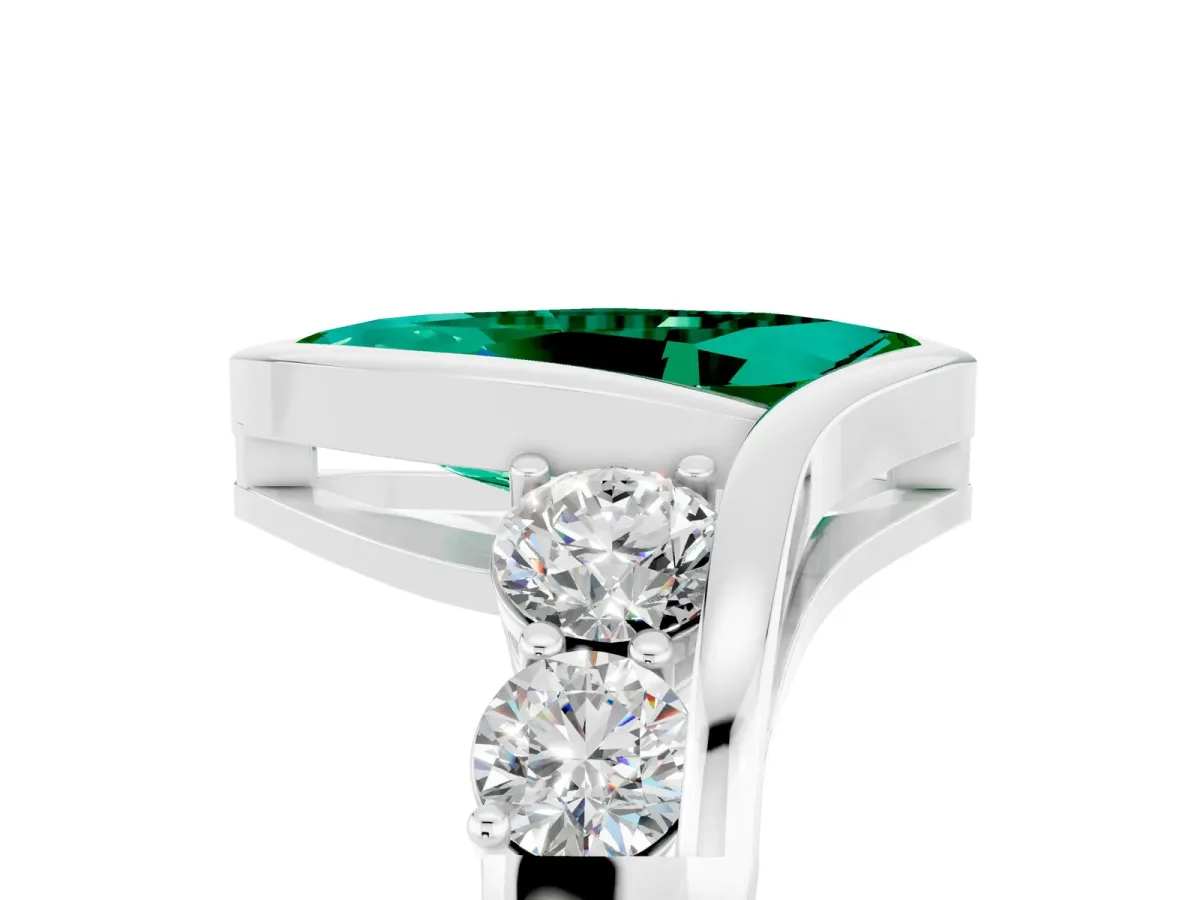 Bezel Set Marquise Cut Emerald Bypass Ring with Round Accents Silver