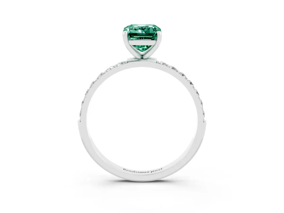 Emerald Cut Green Sapphire Solitaire Ring with Round Pavé Shoulders and Prong Setting Silver
