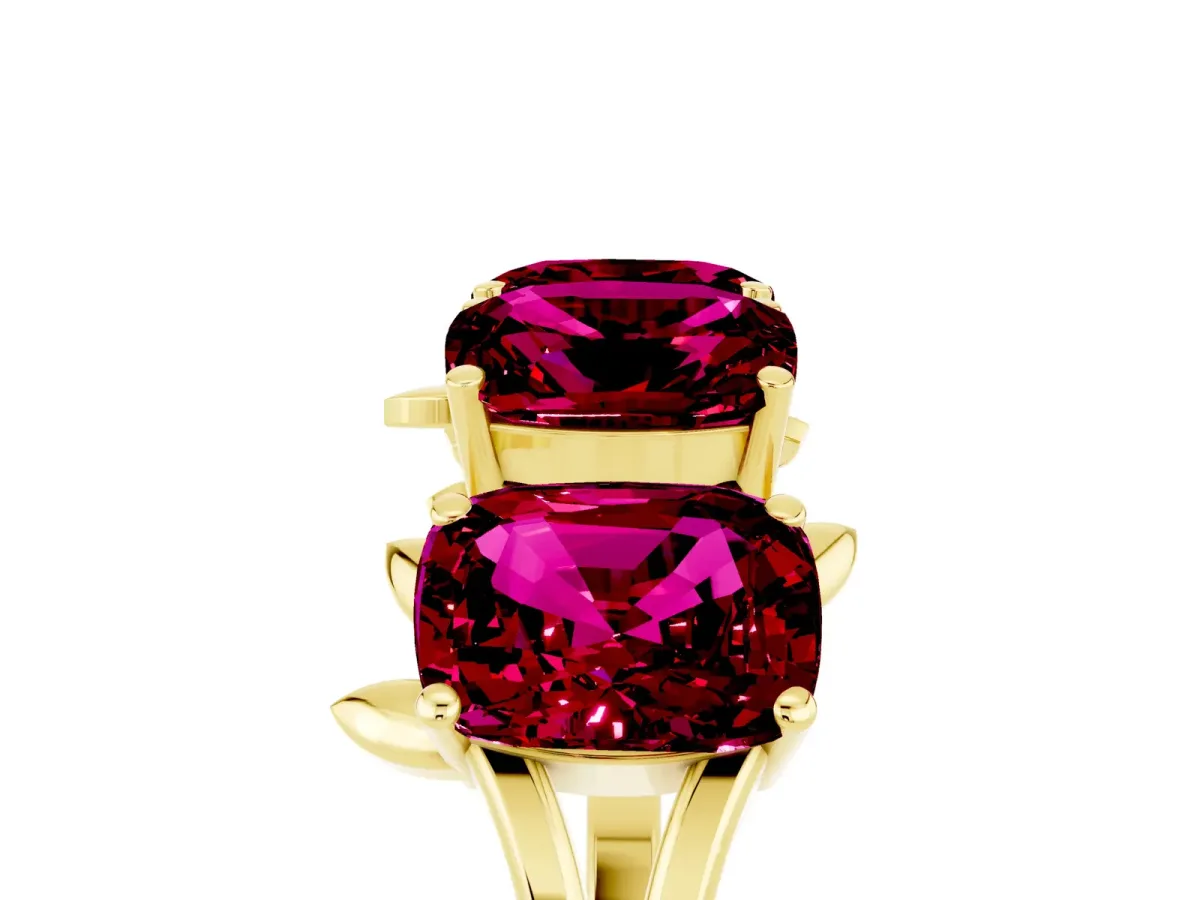 Four-Stone Elongated Cushion Garnet Band with Nature-Inspired Prong Setting Yellow gold