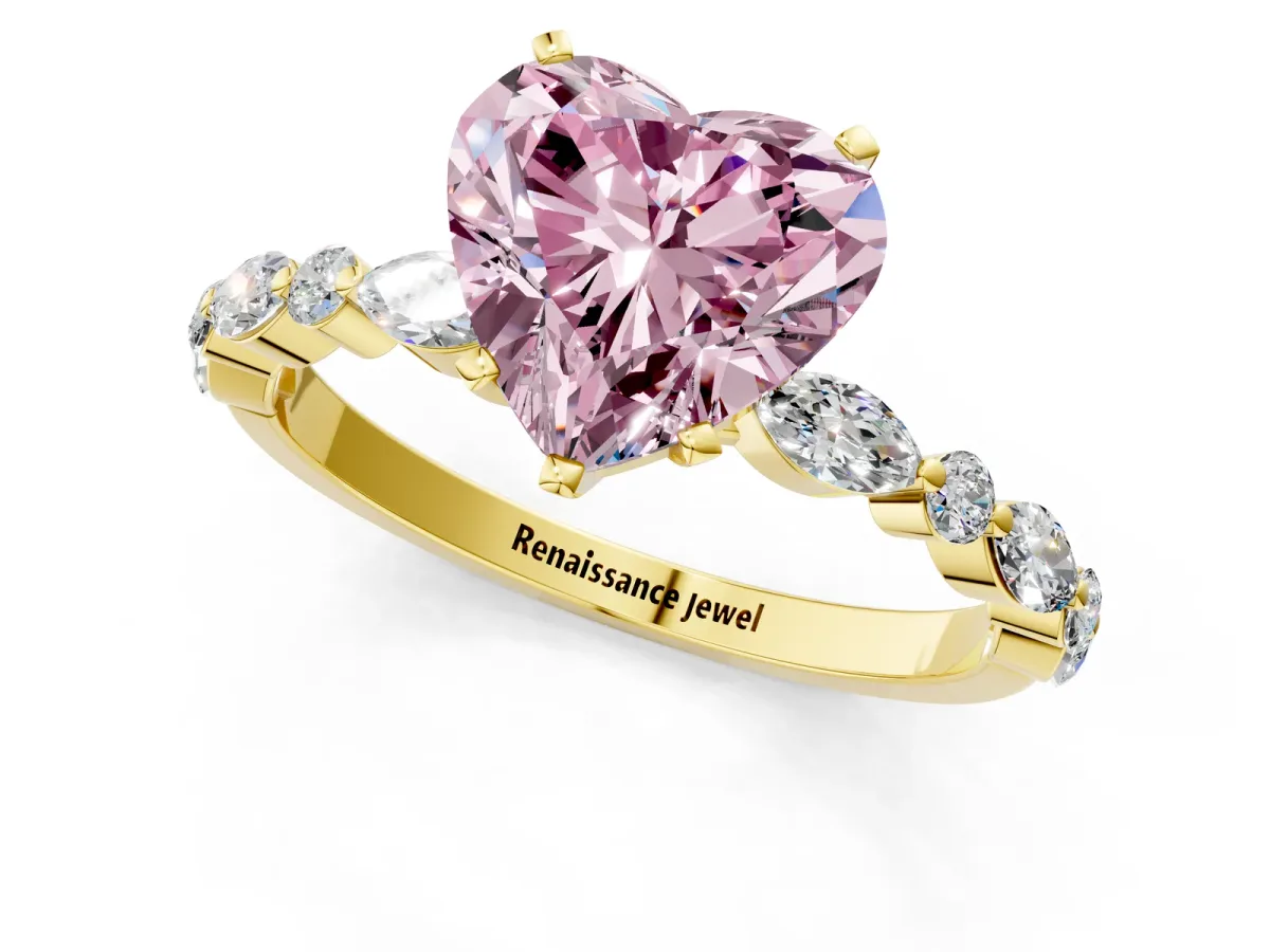 Fancy Pink Heart Cut Diamond Ring with Marquise and Round Side Stones and Four-Prong Setting Yellow gold