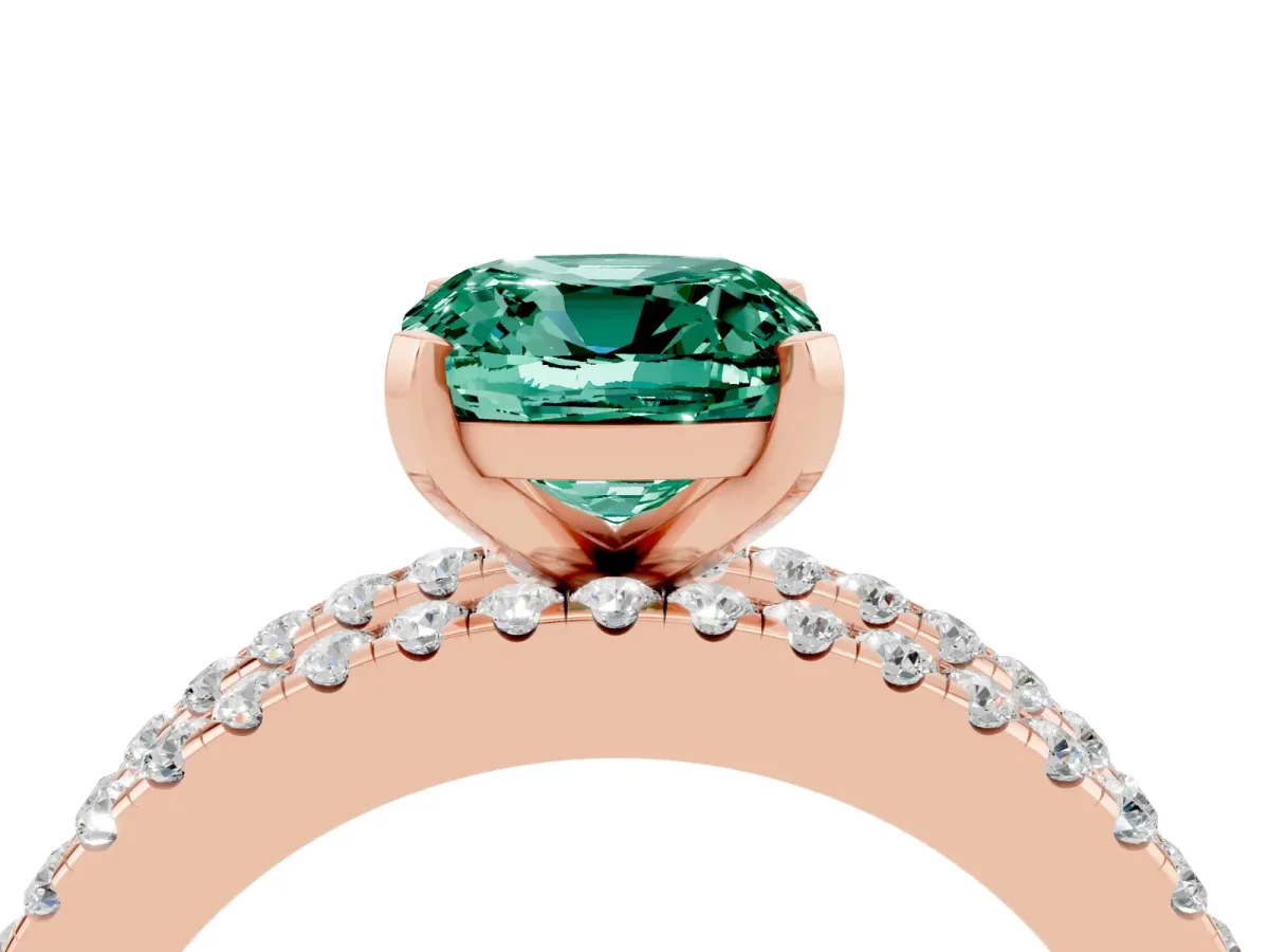 Cushion Cut Green Sapphire Solitaire Ring with Pavé and Channel Set Band Rose gold