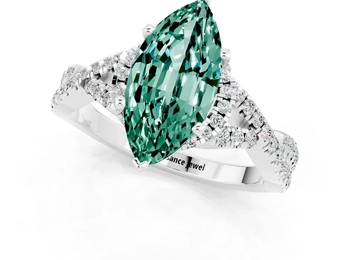 Marquise Cut Green Sapphire Halo Twist Band Solitaire Prong Setting Ring White gold