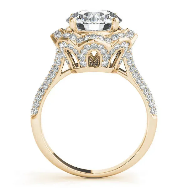 Round Cut Halo Diamond Floral Pave Band Ring with Four-Prong Setting Yellow gold