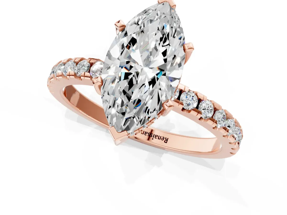 Marquise Cut Diamond Solitaire Ring with Round Moissanite Pavé Band and Four-Prong Setting Rose gold