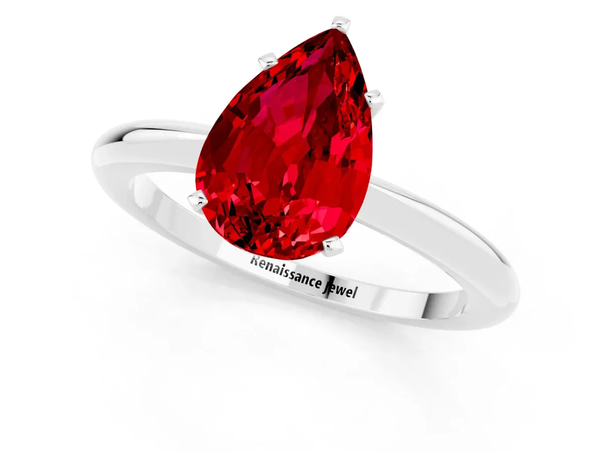 Pear Cut Ruby Solitaire Ring with Six-Prong Setting and Classic Band White gold